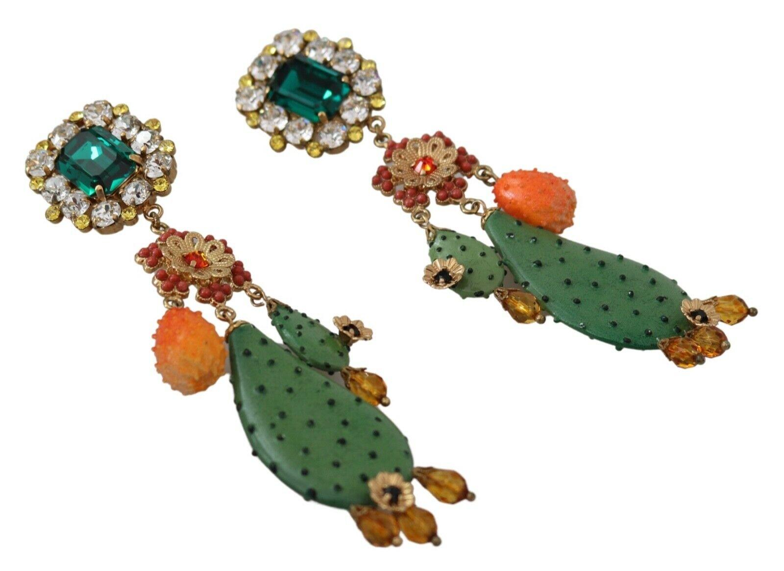 Dolce & Gabbana Gold Multicolor Brass Crystal Cactus Clip-on Drop Earrings Green 2