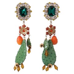 Dolce & Gabbana Gold Multicolor Brass Crystal Cactus Clip-on Drop Earrings Green