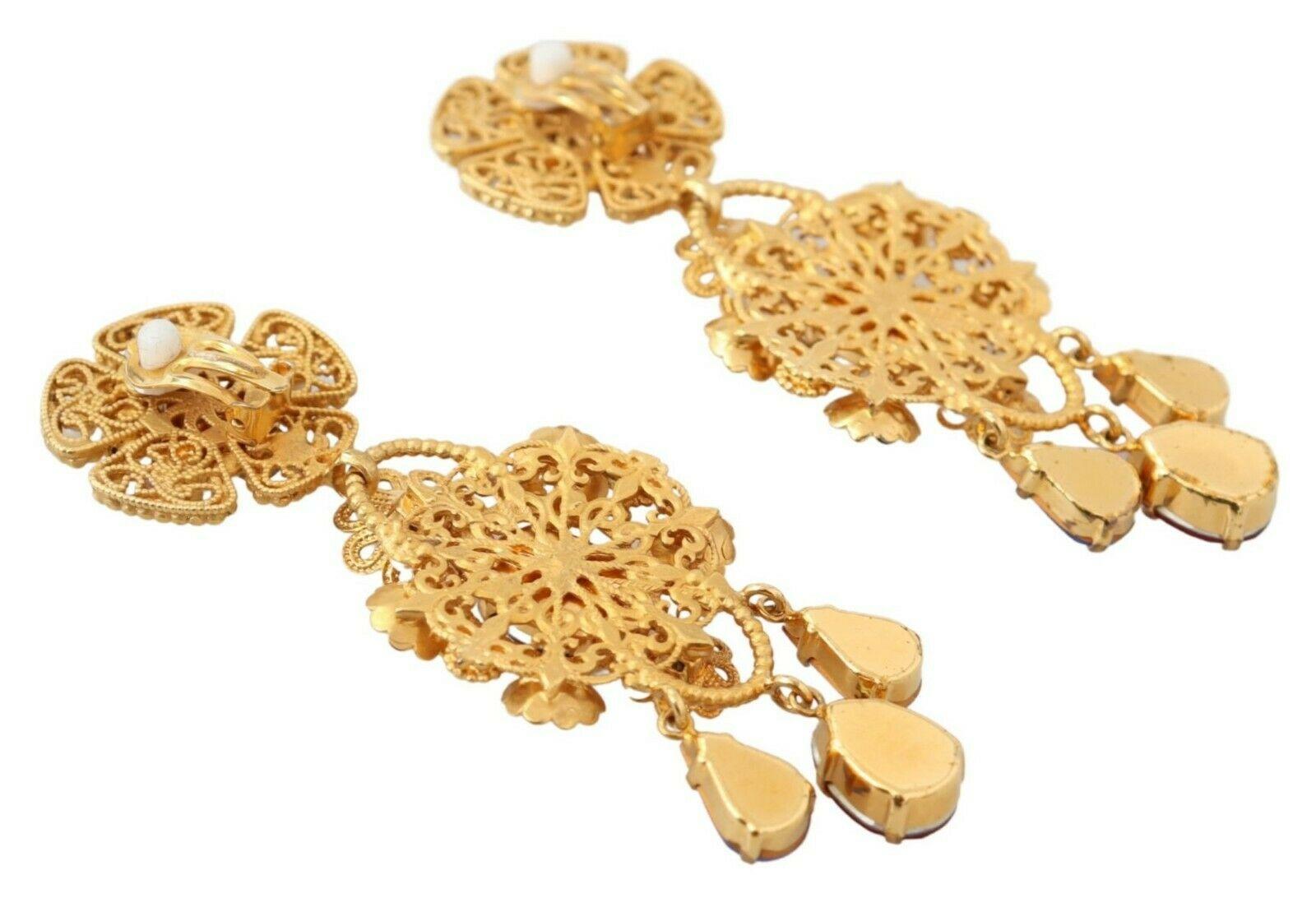 Modern Dolce & Gabbana Gold Multicolor Brass Crystal Drop Dangle Clip On Earrings DG For Sale