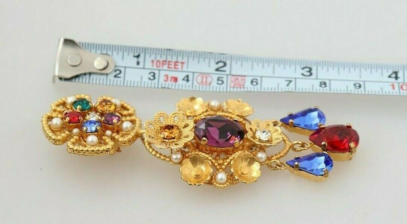 Women's Dolce & Gabbana Gold Multicolor Brass Crystal Drop Dangle Clip On Earrings DG For Sale