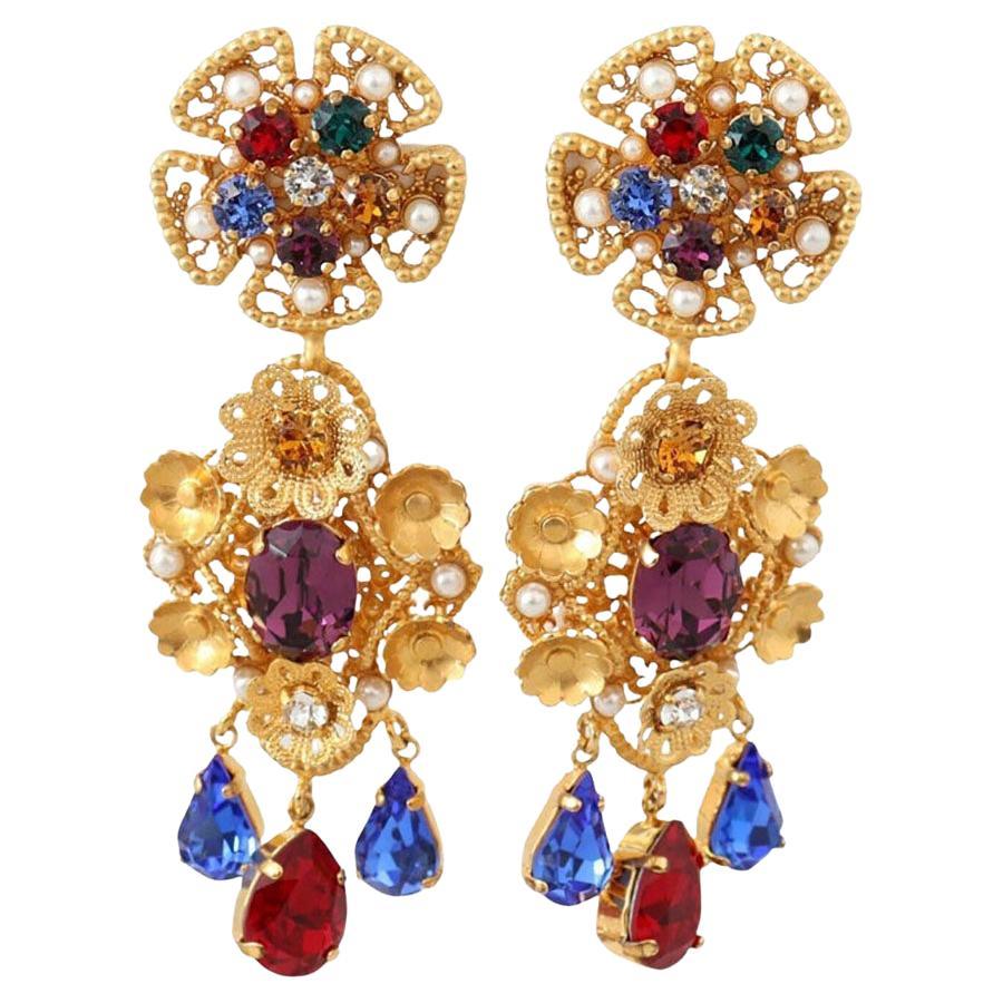 Dolce & Gabbana Gold Multicolor Brass Crystal Drop Dangle Clip On Earrings DG For Sale