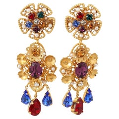Dolce & Gabbana Gold Multicolor Brass Crystal Drop Dangle Clip On Earrings DG