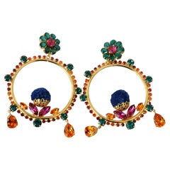 Dolce & Gabbana Gold Multicolor Brass Crystal Hoop Drop Dangle Clip On Earrings