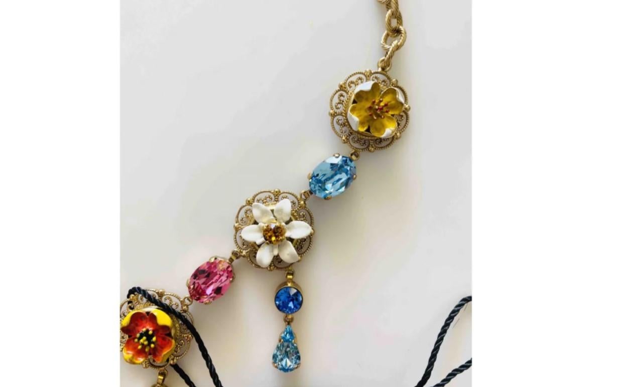 Modern Dolce & Gabbana Gold Multicolor Brass Crystals Flower Chain Pendant Necklace