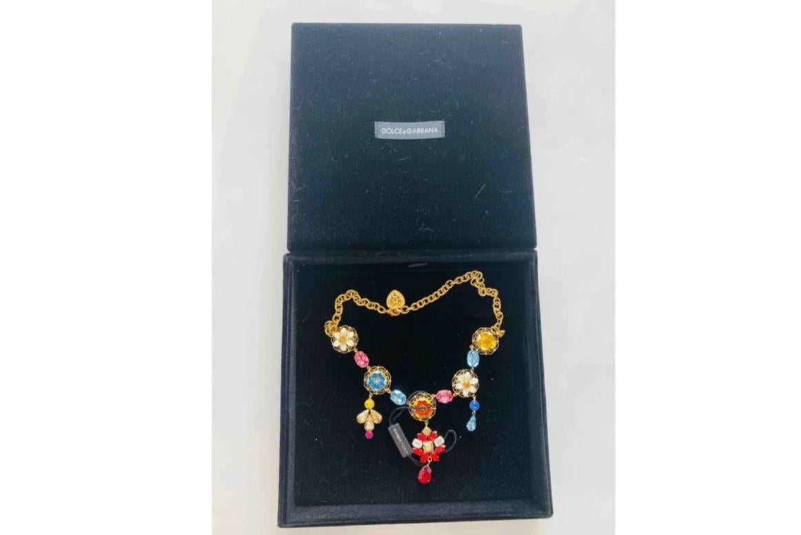 Dolce & Gabbana Gold Multicolor Brass Crystals Flower Chain Pendant Necklace 2