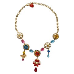 Dolce & Gabbana Gold Multicolor Brass Crystals Flower Chain Pendant Necklace