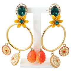 Dolce & Gabbana Gold Orange Green Brass Crystal Drop Dangle Clip On Earrings