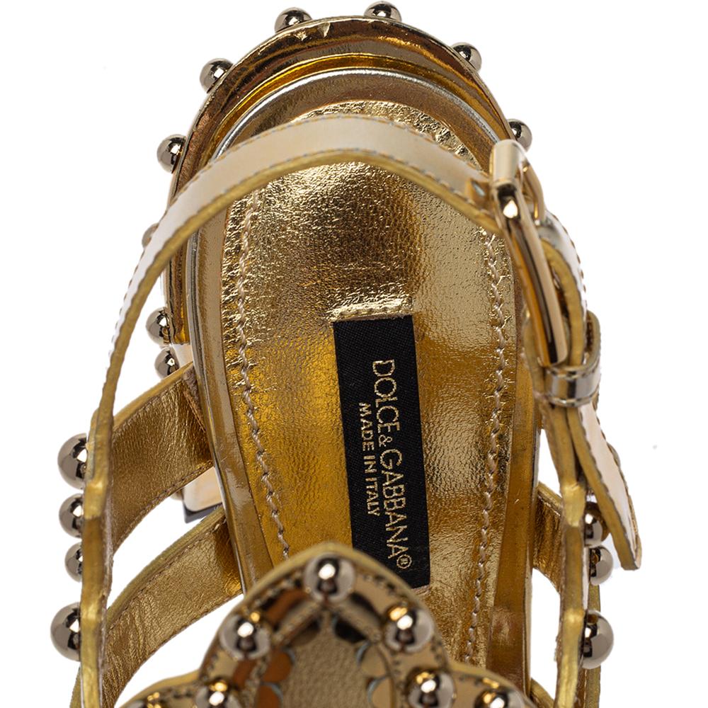 Brown Dolce & Gabbana Gold Patent And Leather Mordore Embellished Sandals Size 37