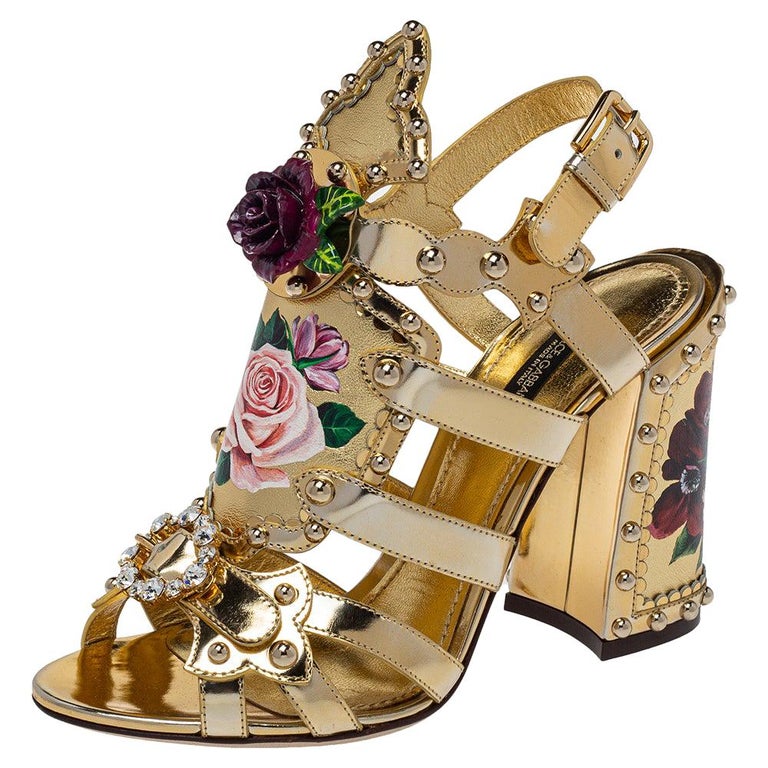 Dolce and Gabbana Gold Patent And Leather Mordore Embellished Sandals Size  37 at 1stDibs