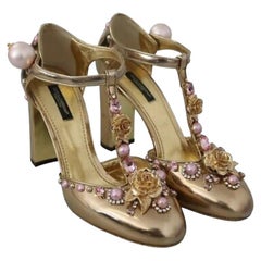 Dolce & Gabbana Gold Pink Leather T-strap Heels Shoes With Roses Pearls Crystals