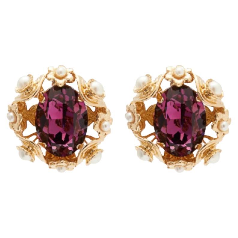 Dolce & Gabbana Gold Purple Brass Crystals Flowers Pearls Earrings Clip On For Sale