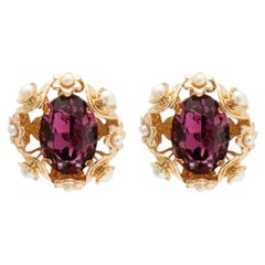 Dolce & Gabbana Gold Purple Brass Crystals Flowers Pearls Earrings Clip On