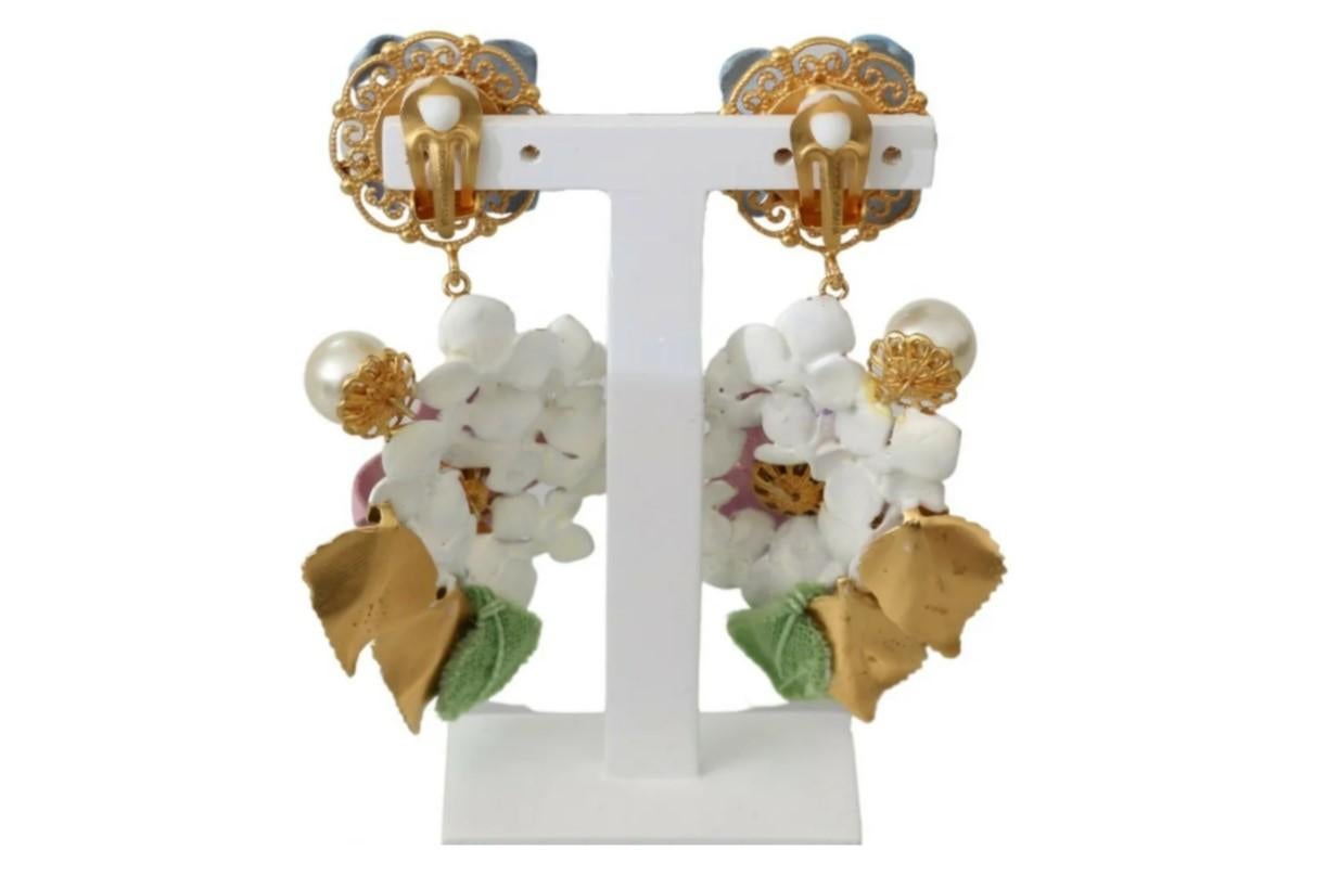 Modern Dolce & Gabbana Gold Purple Pink Brass Clip-on Dangle Earrings Flower Pearl