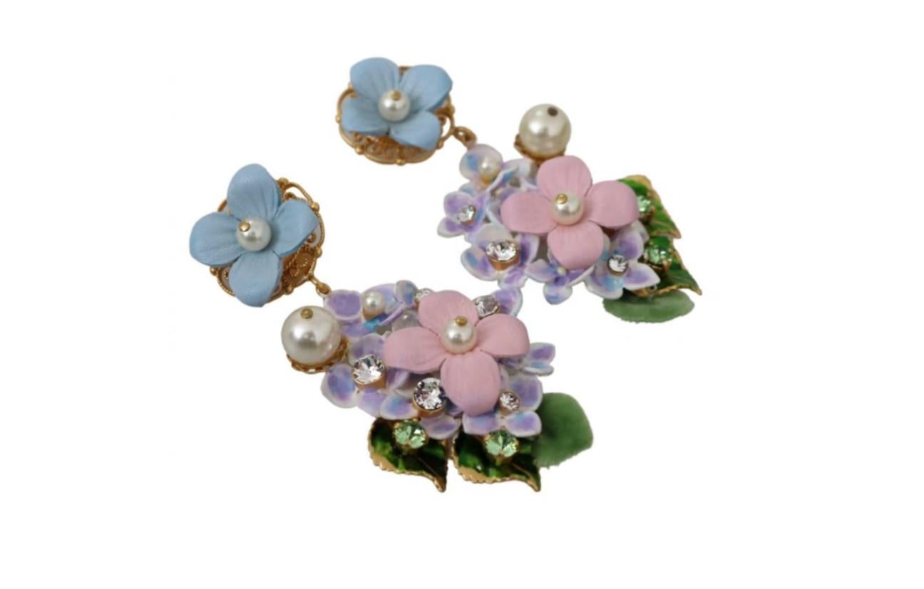 Dolce & Gabbana Gold Purple Pink Brass Clip-on Dangle Earrings Flower Pearl In New Condition In WELWYN, GB