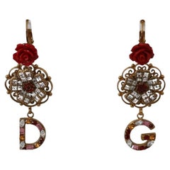 Dolce & Gabbana Gold Red Brass Crystal Rose Flower Earrings Clip-on Drop