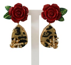 Dolce & Gabbana Ohrclips in Gold, Rot, Messing, Kristall, Rosen, Leoparden