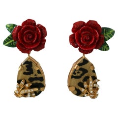 Dolce & Gabbana Gold Red Brass Crystal Roses Leopard Dangle Clip On Earrings 