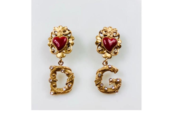 Dolce and Gabbana Gold Red Heart Amore Brass Crystals Dangle Earrings Clip  Ons For Sale at 1stDibs