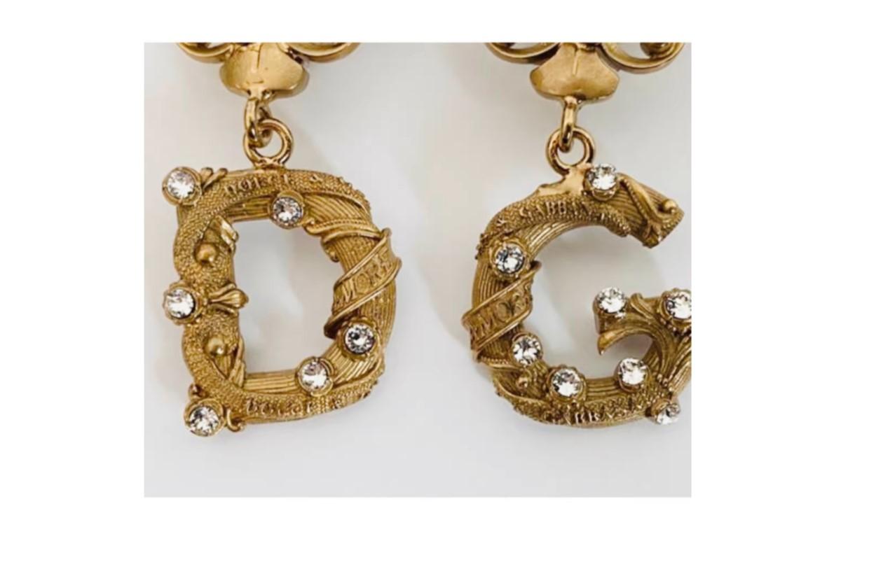 Dolce & Gabbana Gold Red Heart Amore Brass Crystals Dangle Earrings Clip Ons In New Condition In WELWYN, GB