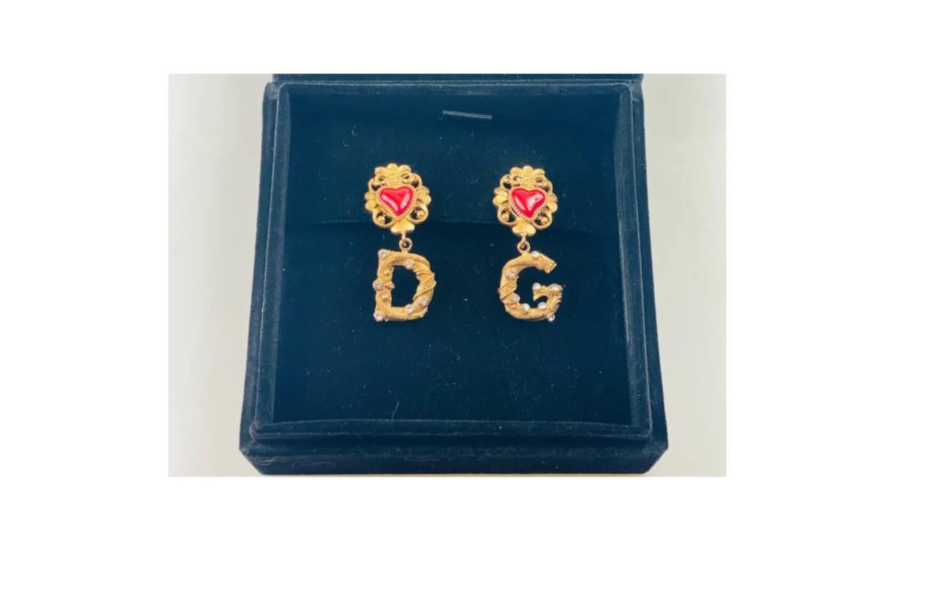 Women's Dolce & Gabbana Gold Red Heart Amore Brass Crystals Dangle Earrings Clip Ons