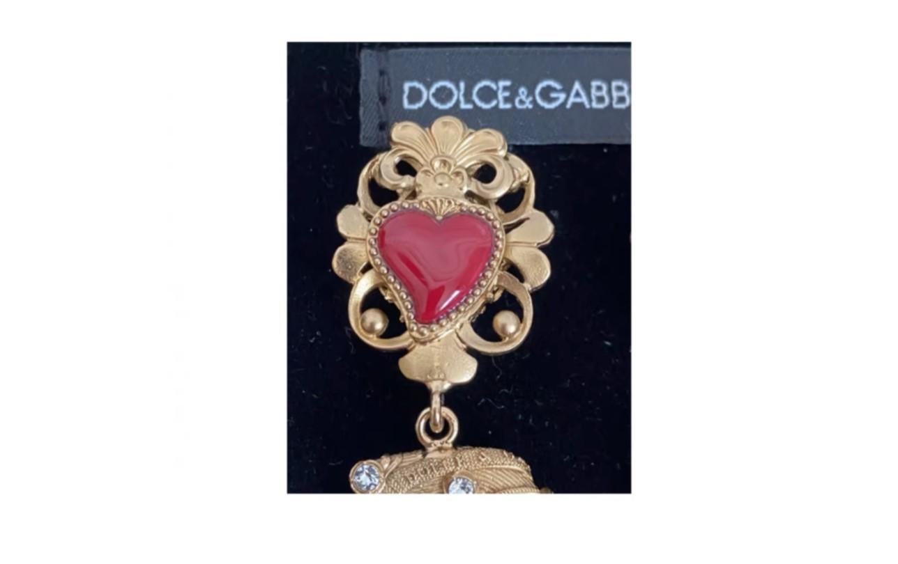 Dolce & Gabbana Gold Red Heart Amore Brass Crystals Dangle Earrings Clip Ons 1