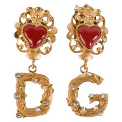 Dolce & Gabbana Gold Red Heart Amore Brass Crystals Dangle Earrings Clip Ons