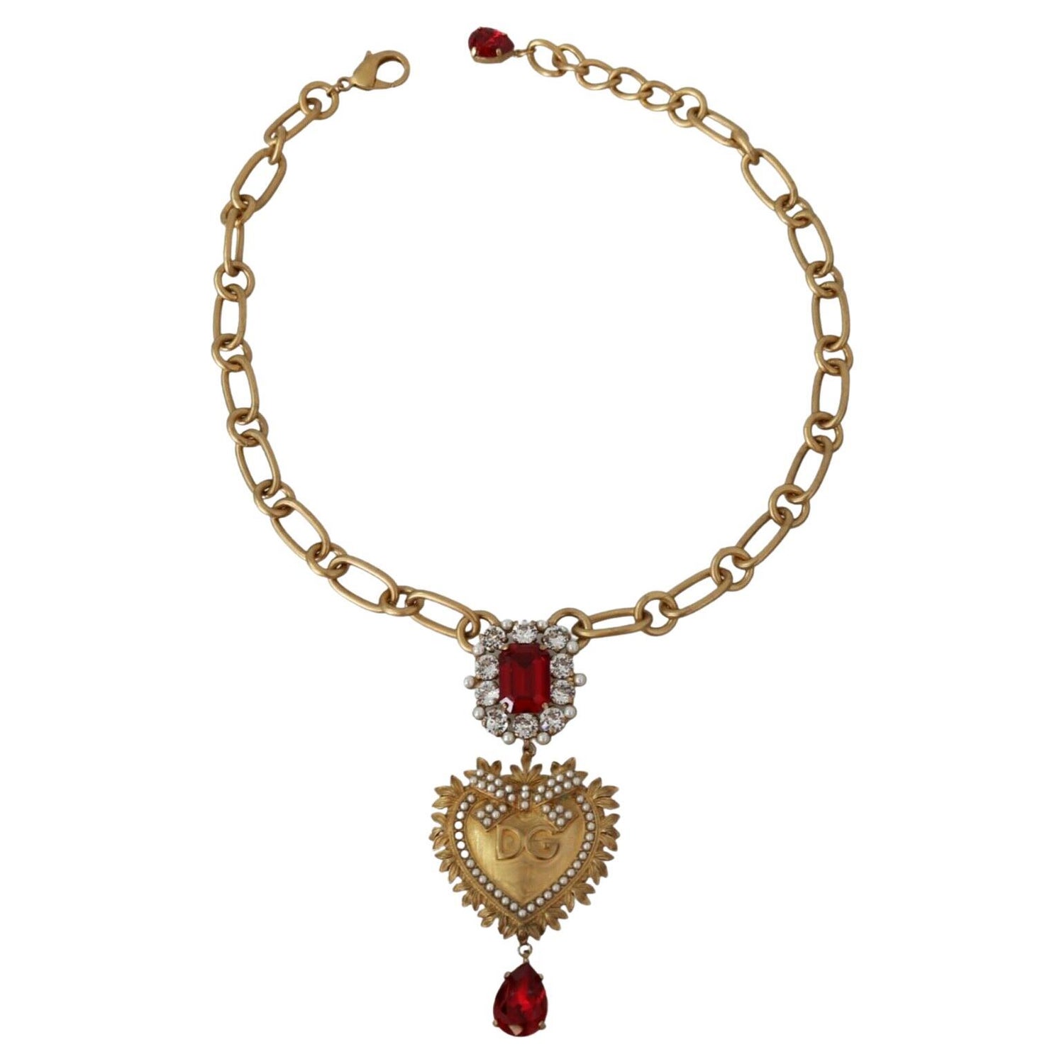 Dolce and Gabbana Gold Red Metal Crystal Pearl Sacred Heart Pendant Necklace  DG at 1stDibs