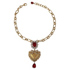 Dolce & Gabbana Gold Red Metal Crystal Pearl Sacred Heart Pendant Necklace DG
