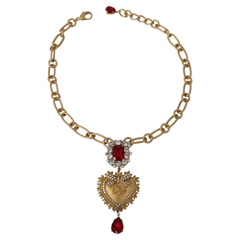 Dolce and Gabbana Gold Red Metal Crystal Pearl Sacred Heart Pendant ...