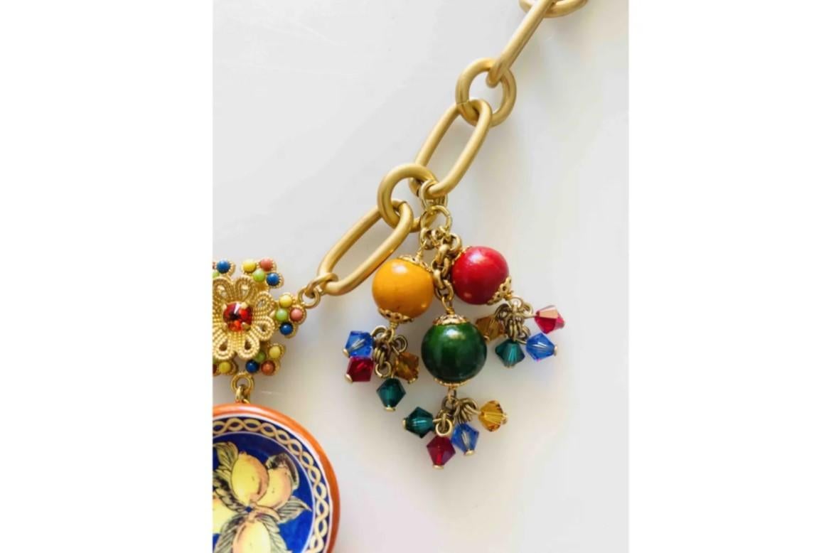 Modern Dolce & Gabbana Gold Red Multicolor Brass Crystal Lemon Caretto Pom Pom Necklace