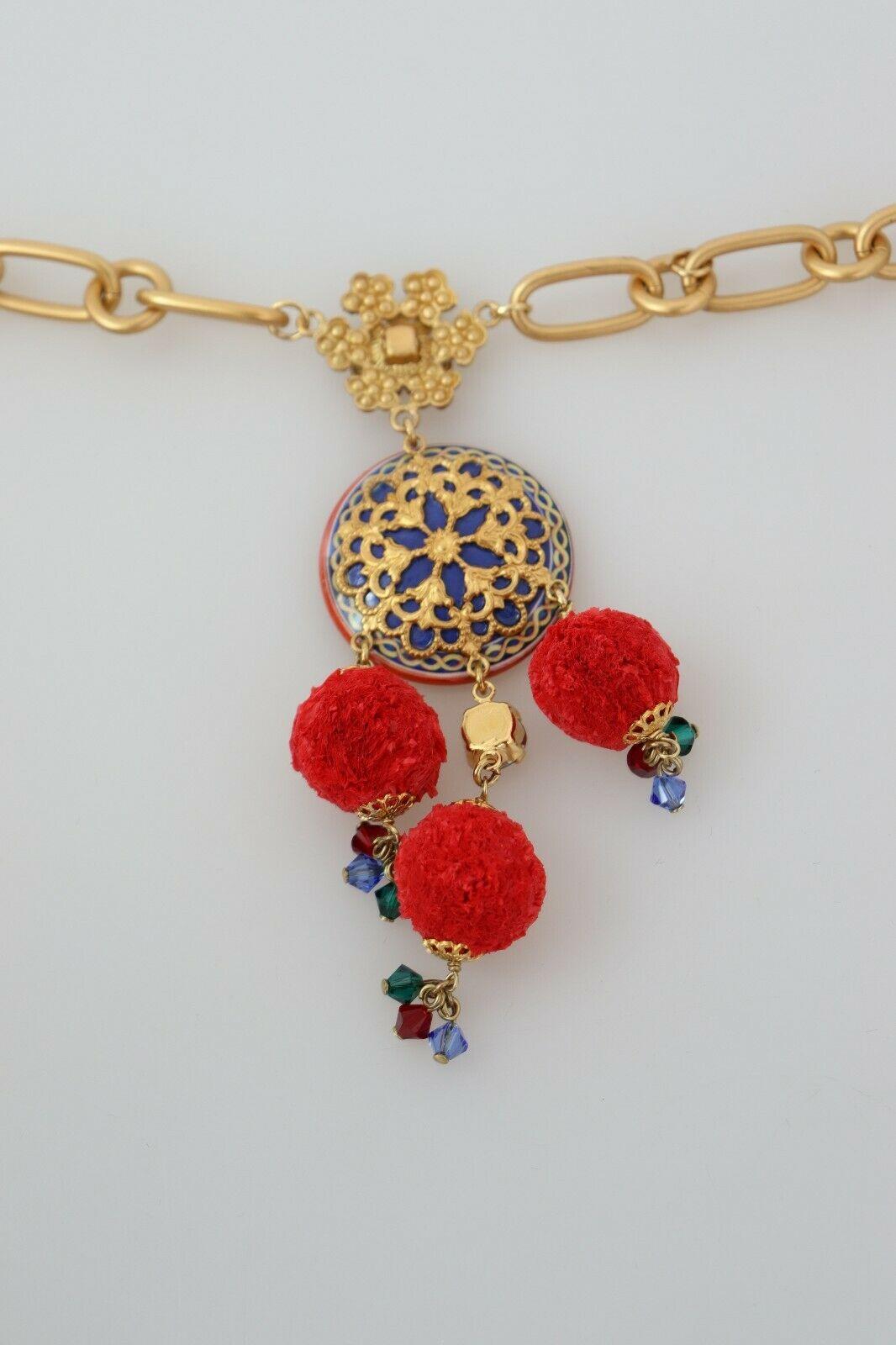Modern Dolce & Gabbana Gold Red Multicolor Brass Crystal Lemon Caretto Pom Pom Necklace For Sale