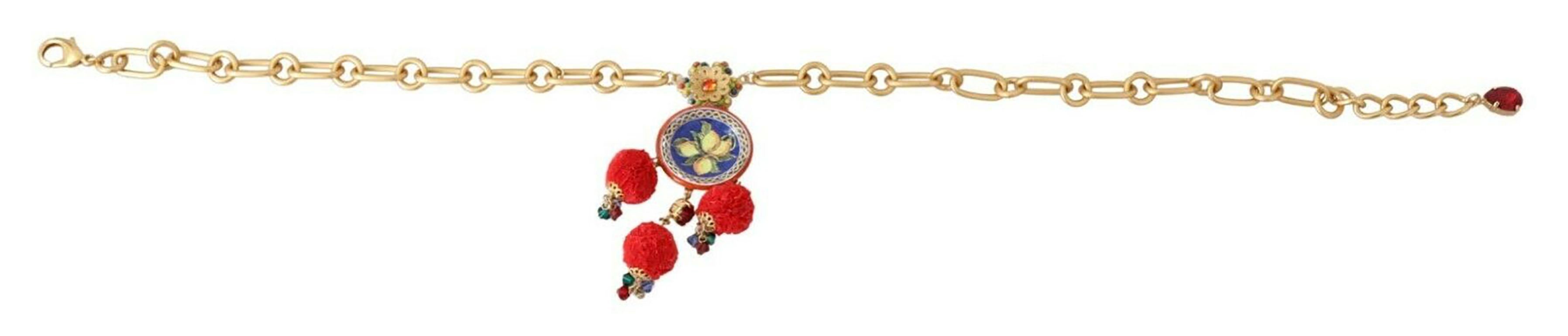 Women's Dolce & Gabbana Gold Red Multicolor Brass Crystal Lemon Caretto Pom Pom Necklace For Sale