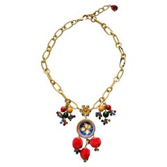 Dolce & Gabbana Gold Red Multicolor Brass Crystal Lemon Caretto Pom Pom Necklace