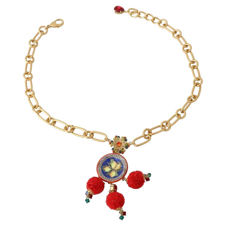 Dolce & Gabbana Gold Brass Red Fur Crystal Carretto Chain Necklace