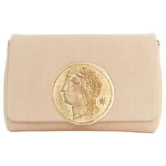 DOLCE GABBANA gold roman coin flap front tan leather clutch crossbody small bag