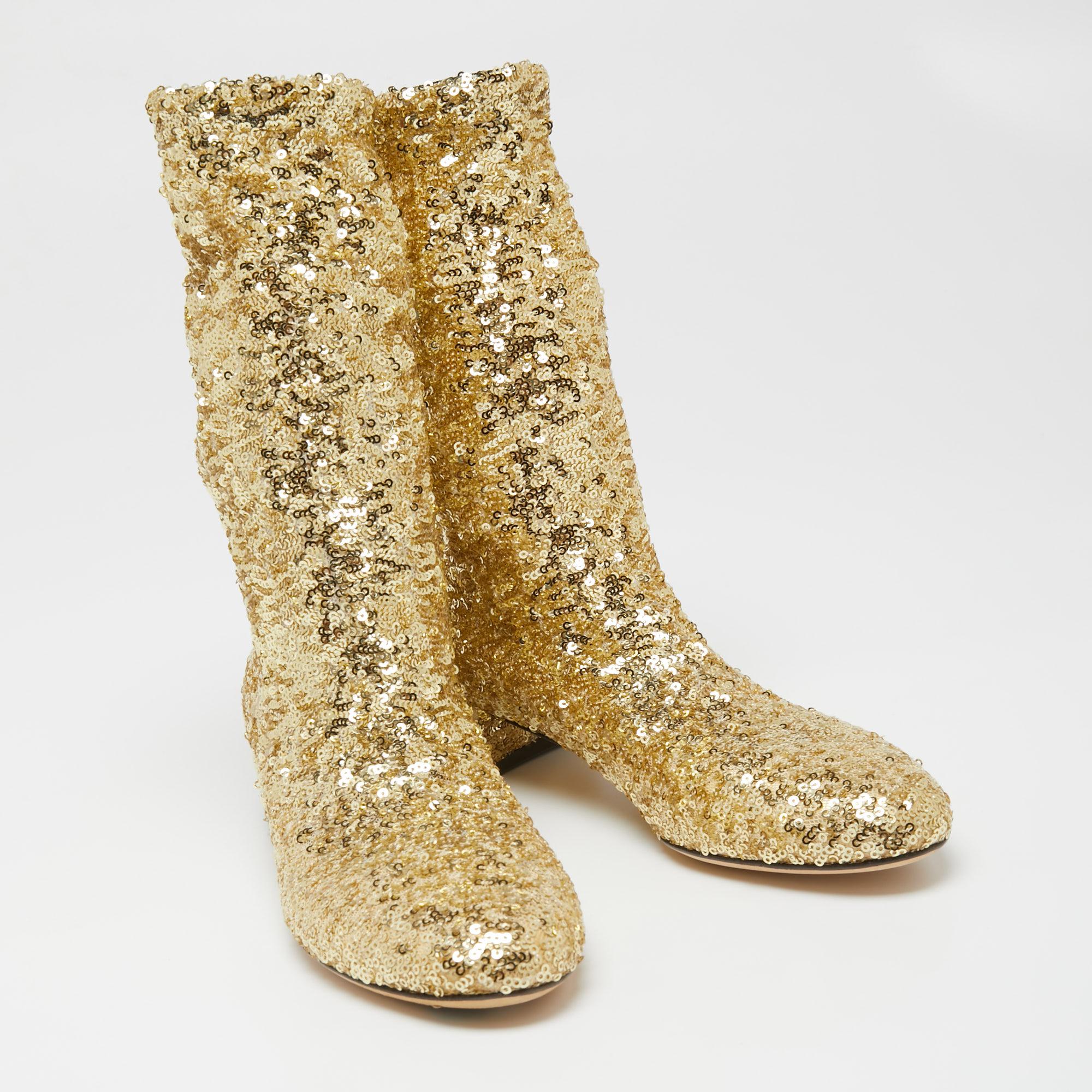 Dolce & Gabbana Gold Sequin Ankle Boots Size 36 1