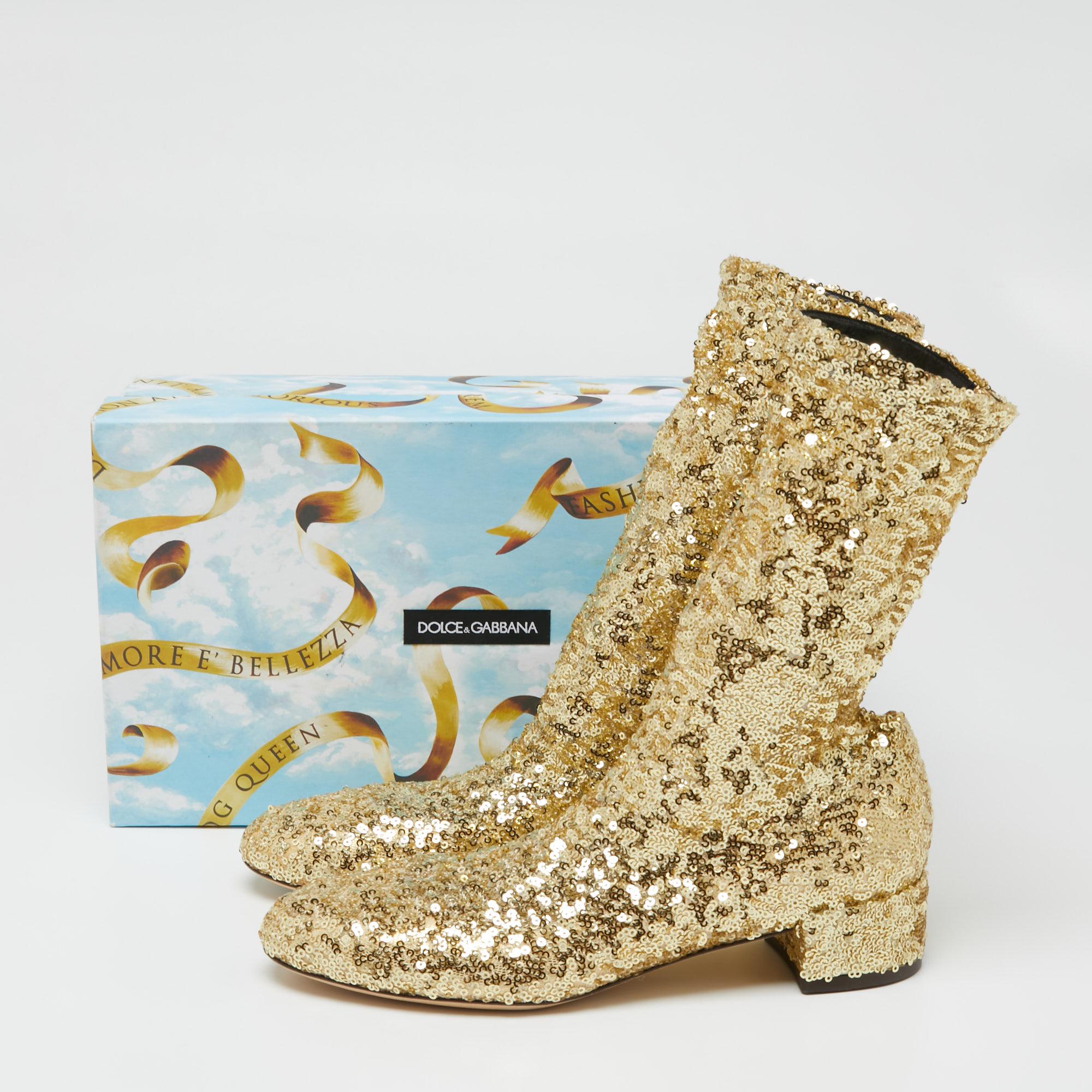 Dolce & Gabbana Gold Sequin Ankle Boots Size 36 2