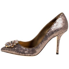 Dolce & Gabbana Gold Sequin Crystal Embellished Bellucci Pointed Toe Pumps Size 