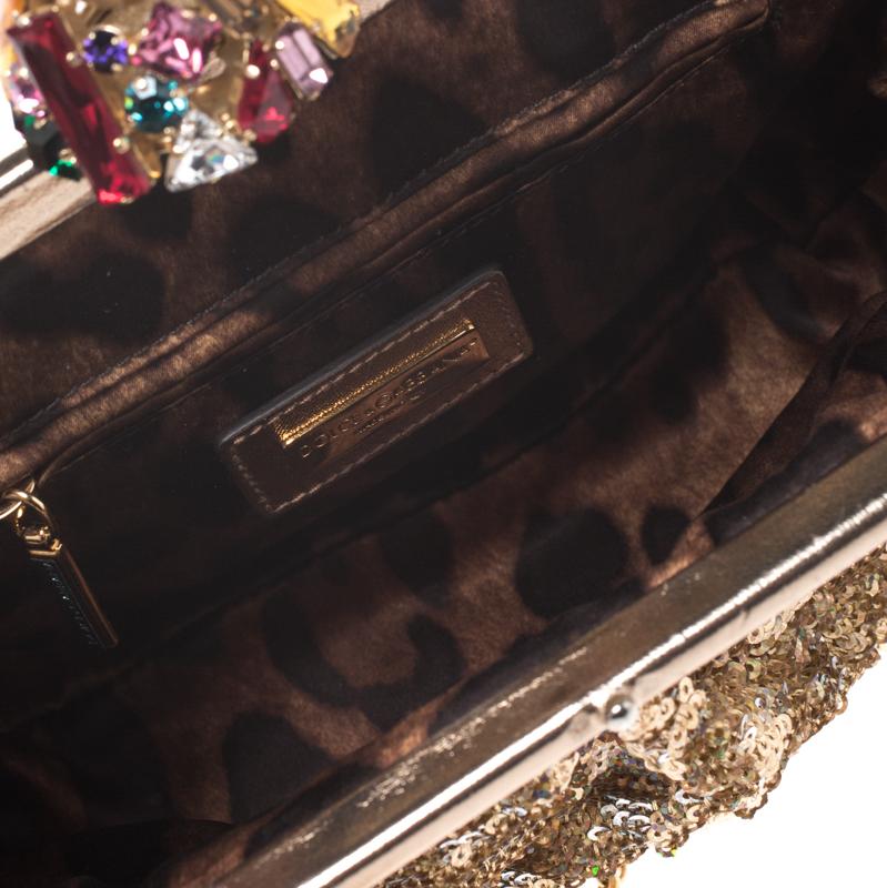 Dolce & Gabbana Gold Sequin Crystal Embellished Lock Frame Chain Clutch 2