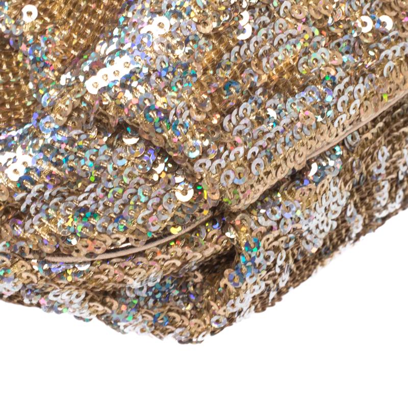 Dolce & Gabbana Gold Sequin Crystal Embellished Lock Frame Chain Clutch 4