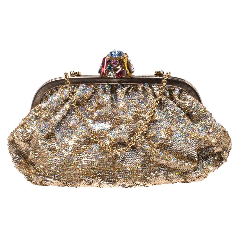 Dolce & Gabbana Gold Sequin Crystal Embellished Lock Frame Chain Clutch