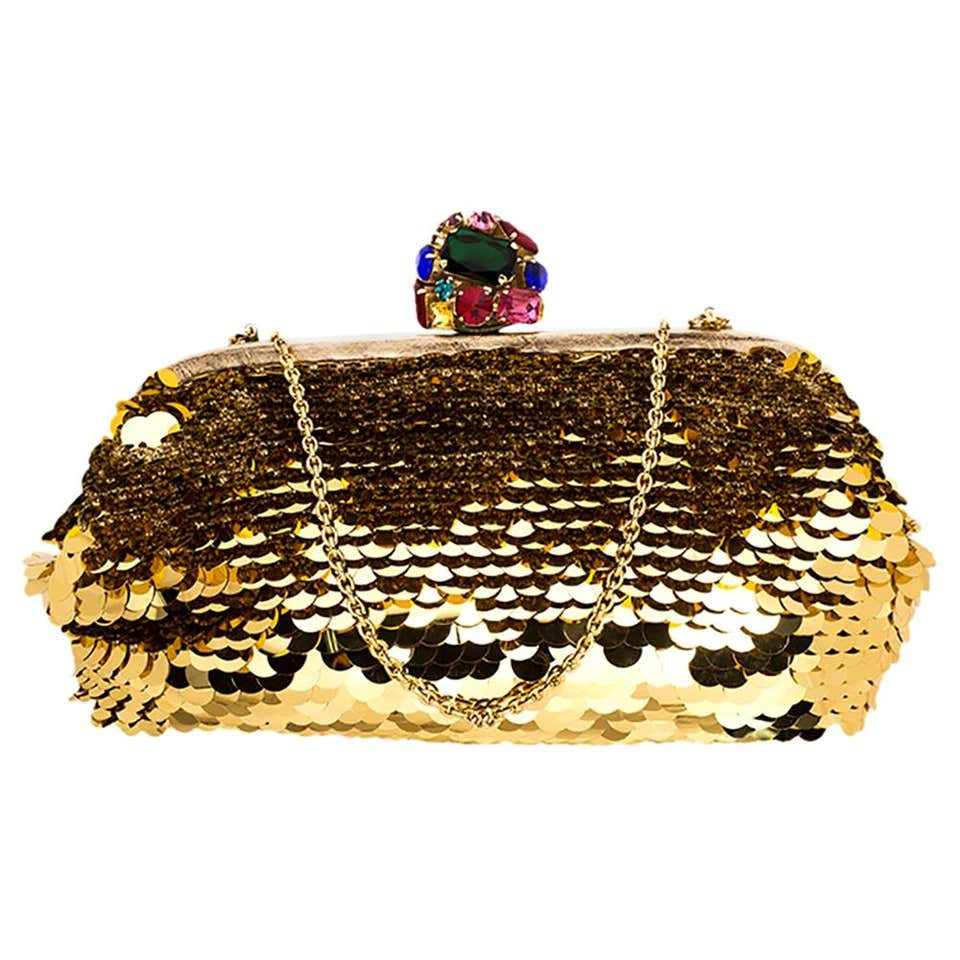 Dolce and Gabbana Gold Sequin Crystal Embellished Lock Frame Chain ...
