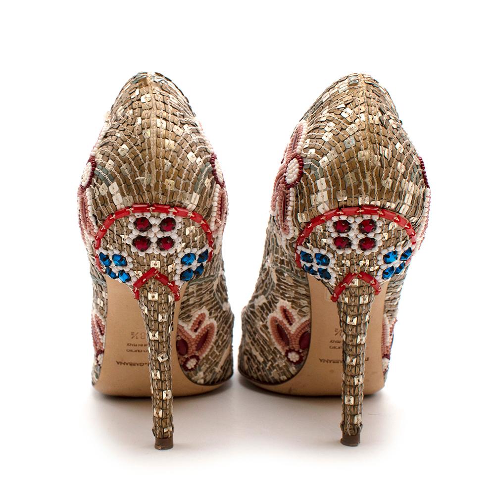 Brown Dolce & Gabbana Gold Sequin Embellished Leather Pumps - Size 38.5 For Sale