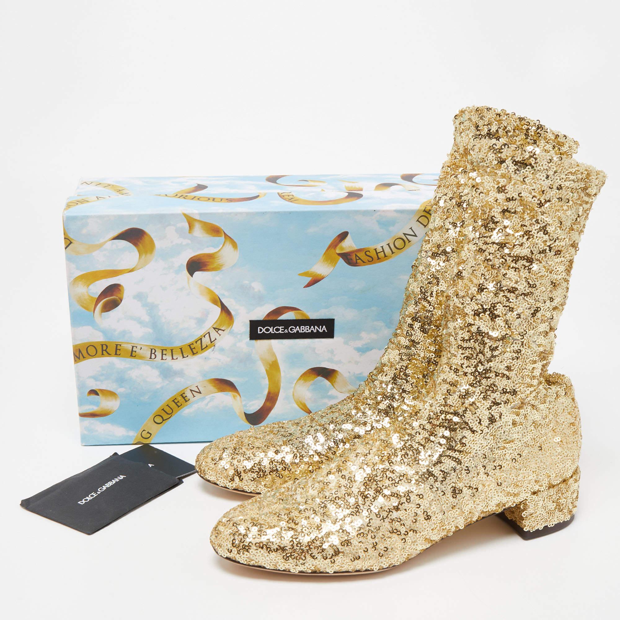 Dolce & Gabbana Gold Sequins Ankle Boots Size 36 5