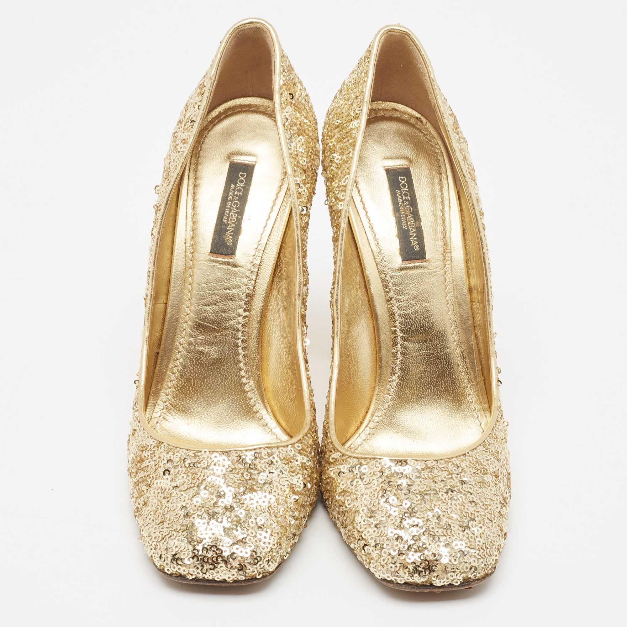 Women's Dolce & Gabbana Gold Sequins Studded Heel Square Toe Pumps Size 38.5 For Sale