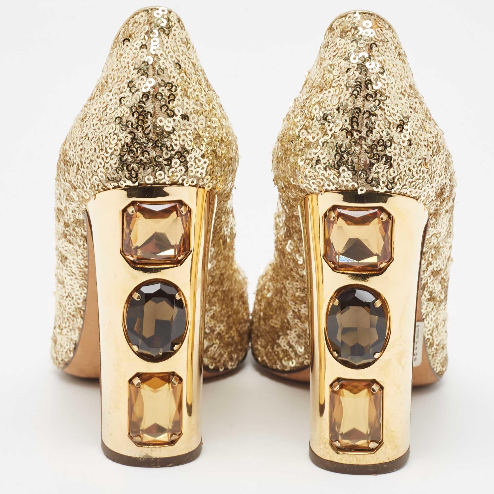 Dolce & Gabbana Gold Sequins Studded Heel Square Toe Pumps Size 38.5 For Sale 1
