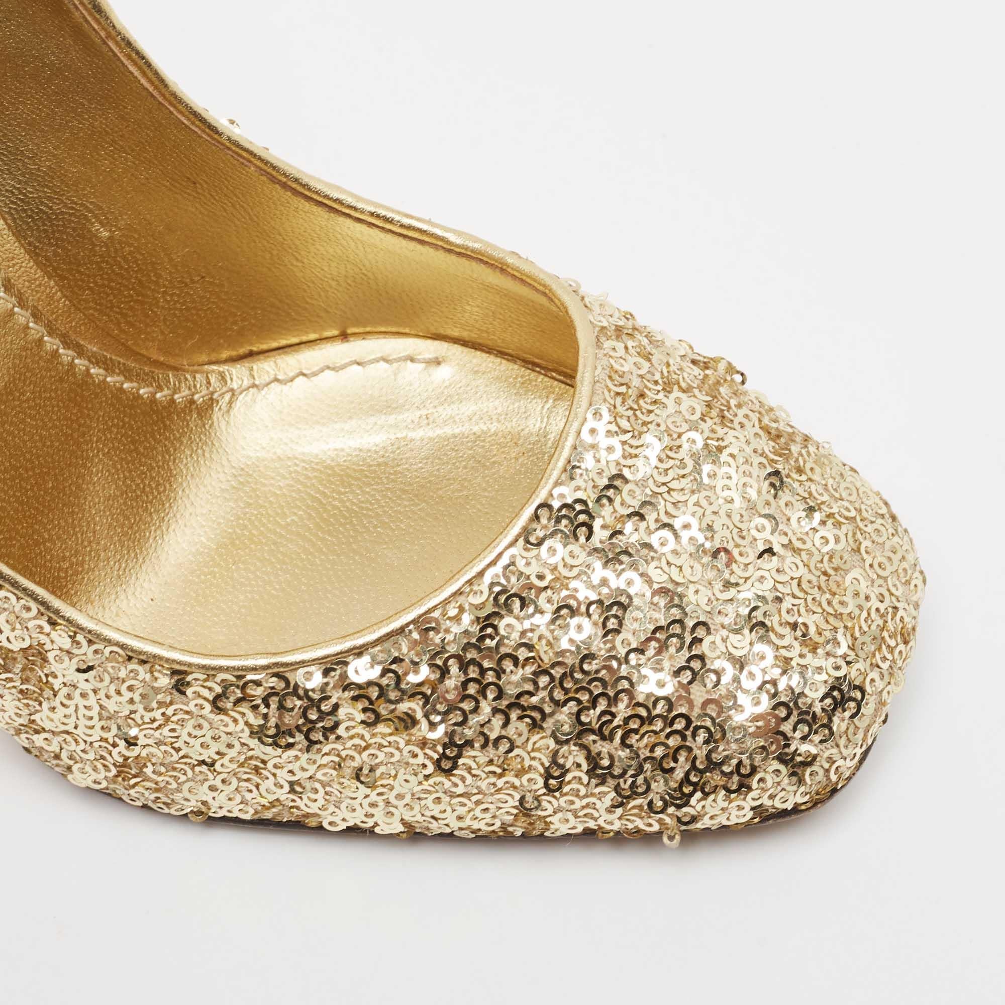 Dolce & Gabbana Gold Sequins Studded Heel Square Toe Pumps Size 38.5 For Sale 2