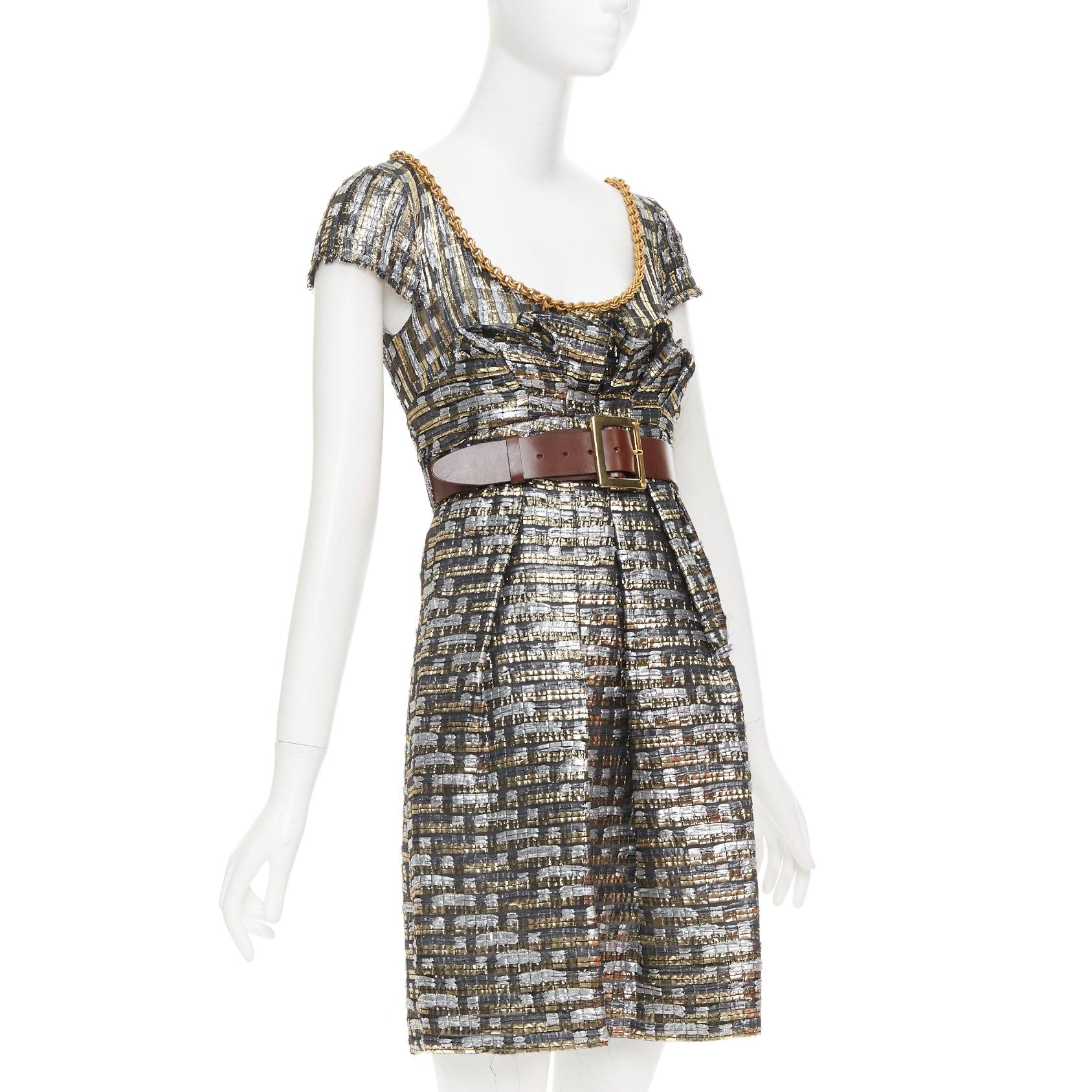 Gray DOLCE GABBANA gold silver checked jacquard gold chain trim belted dress IT38 XS For Sale
