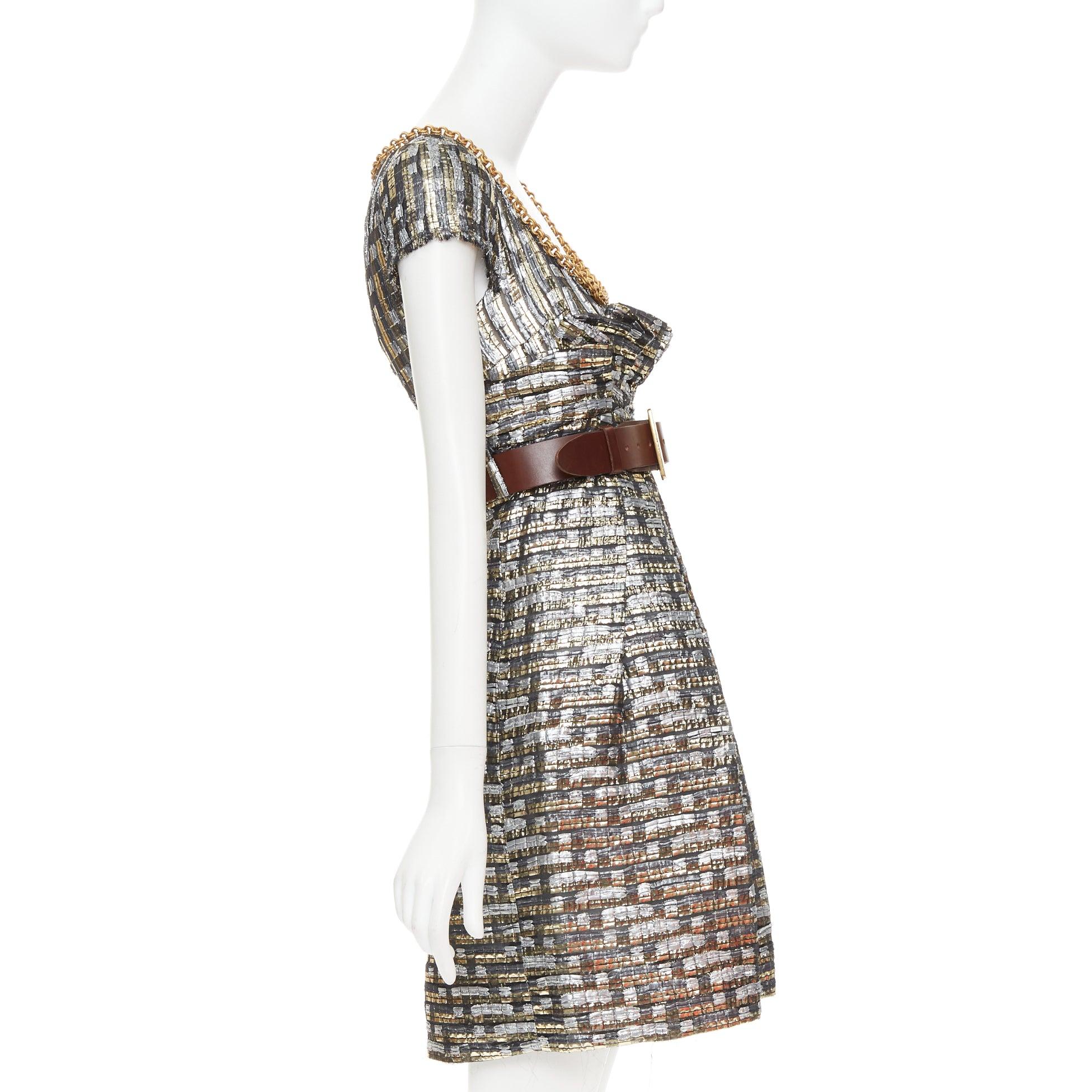 DOLCE GABBANA gold silver checked jacquard gold chain trim belted dress IT38 XS In Good Condition For Sale In Hong Kong, NT
