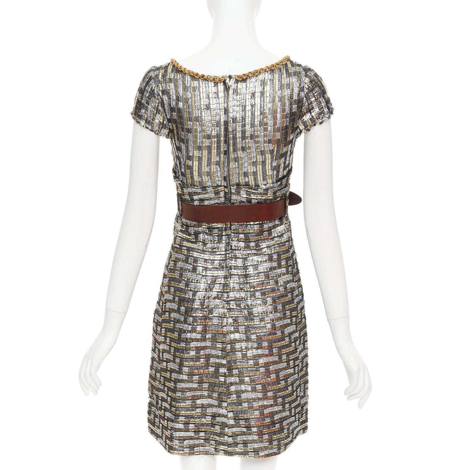 Women's DOLCE GABBANA gold silver checked jacquard gold chain trim belted dress IT38 XS For Sale